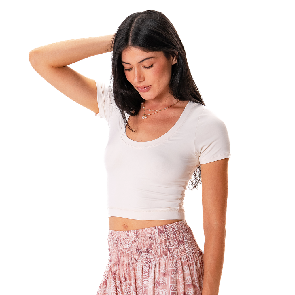 Cream Cropped Yin Scoop Neck Top