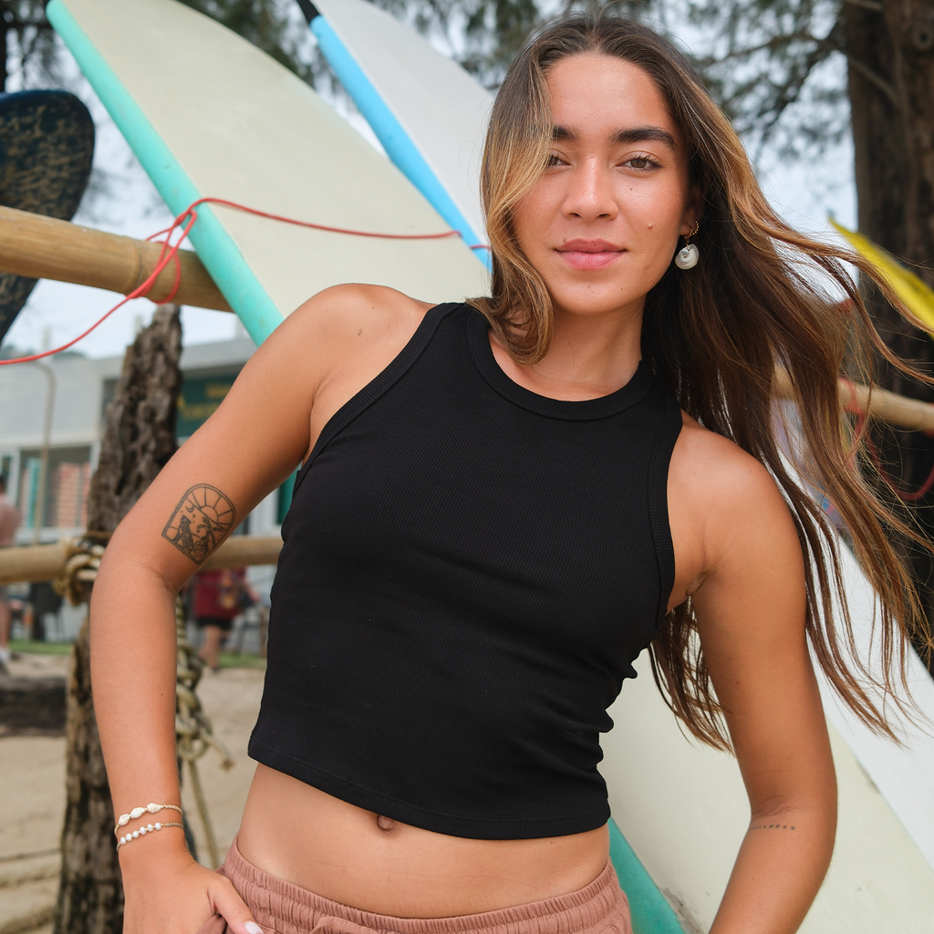 Black Cropped Rio Racerback Ribbed Tank