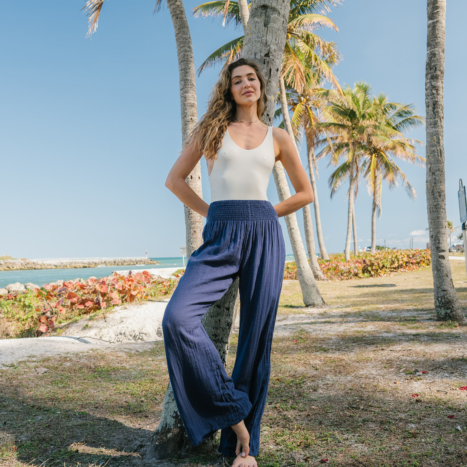 Oxford Wide Leg Cotton Pants